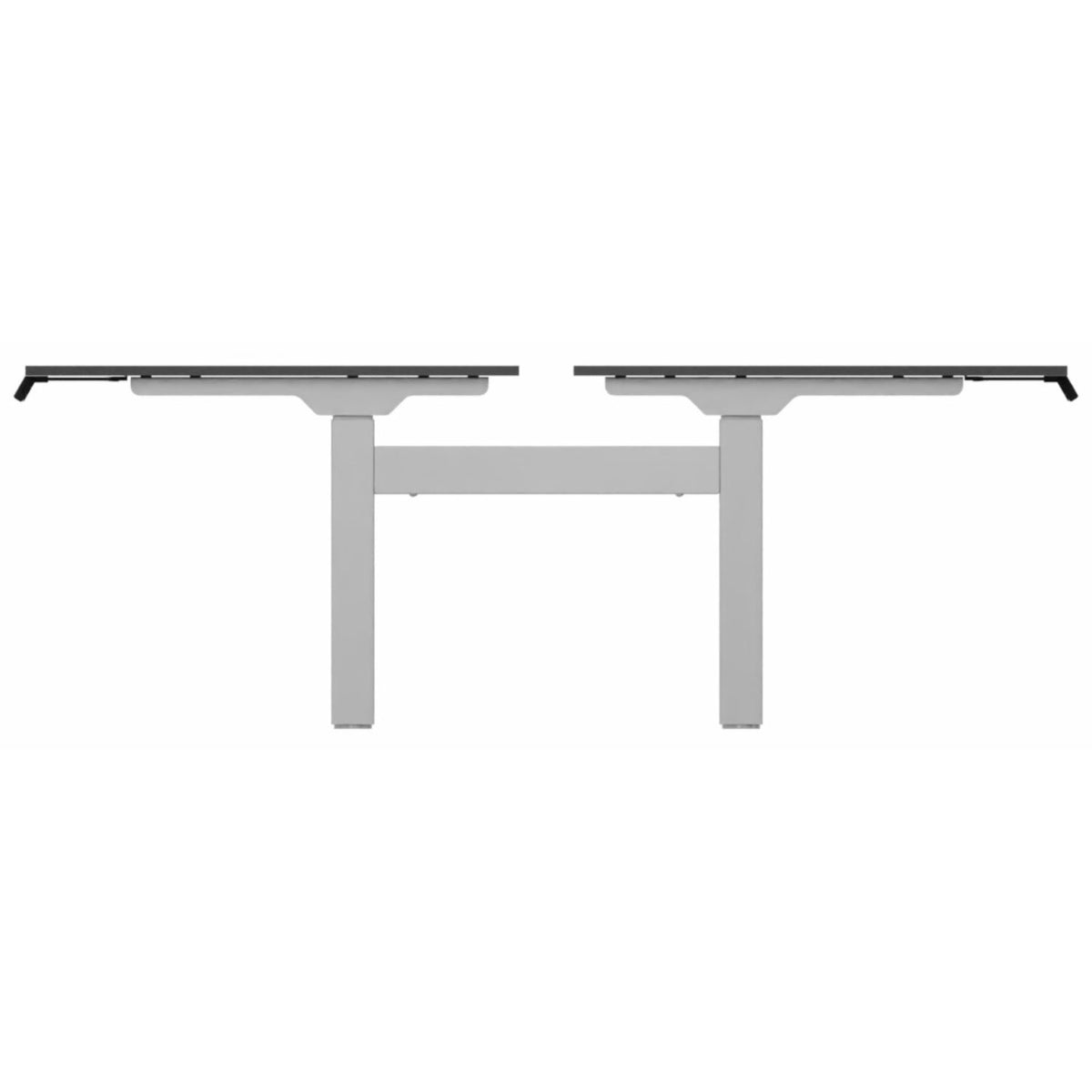 Two person standing desk with black desk tops and silver frame, side view