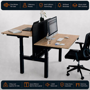 Two person standing desk with oak desk tops, black frame, privacy screen and key features