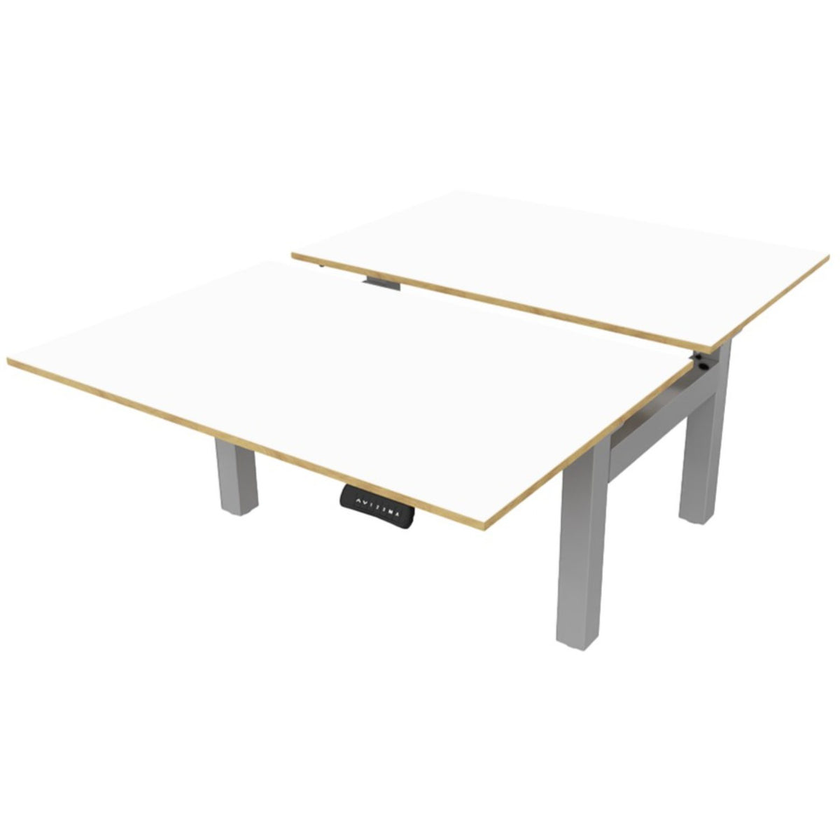 Two person standing desk with white oak desk tops and silver frame