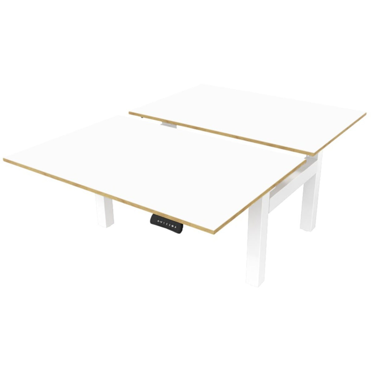 Two person standing desk with white oak desk tops and white frame