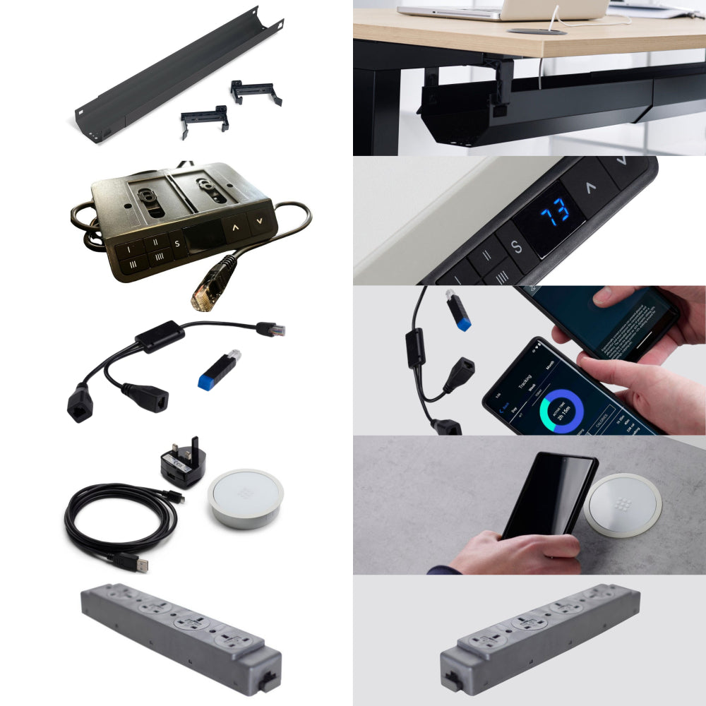 Ultimate Standing Desk Accessory Pack - Complete Pack - Cable Management Tray - Memory Controller - Bluetooth Controller - Wireless Charger 80mm - Power Block Module 3M Cable