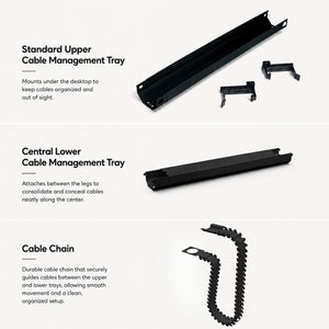 Under Desk Cable Management Pack For Duo Standing Desk showing upper tray, lower tray and cable chains
