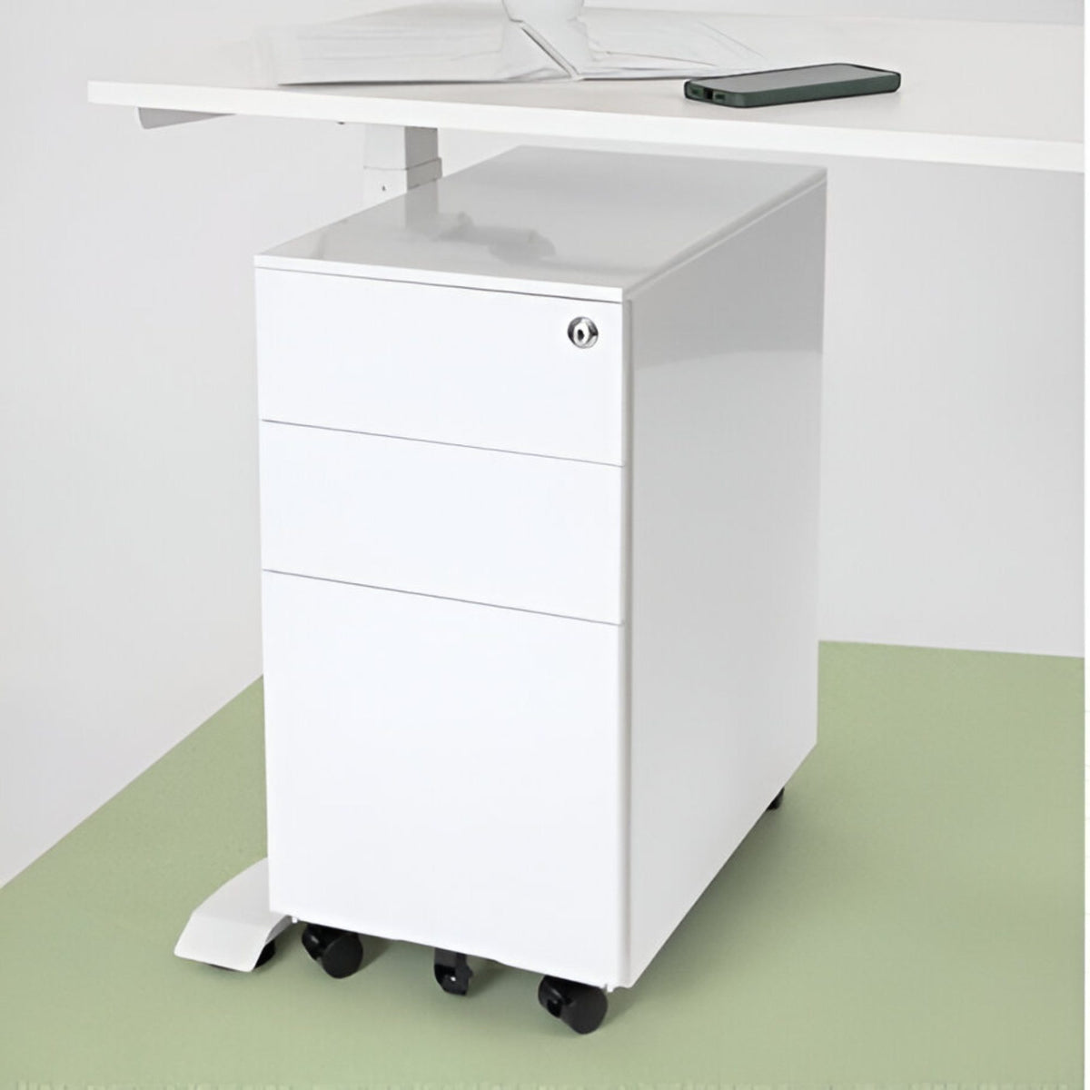 Under Desk Pedestal Drawers - white desk pedestal under a desk in an office front left view