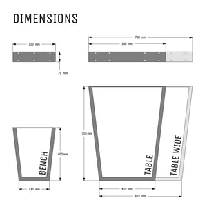 V Frame Table Legs - Dimensions