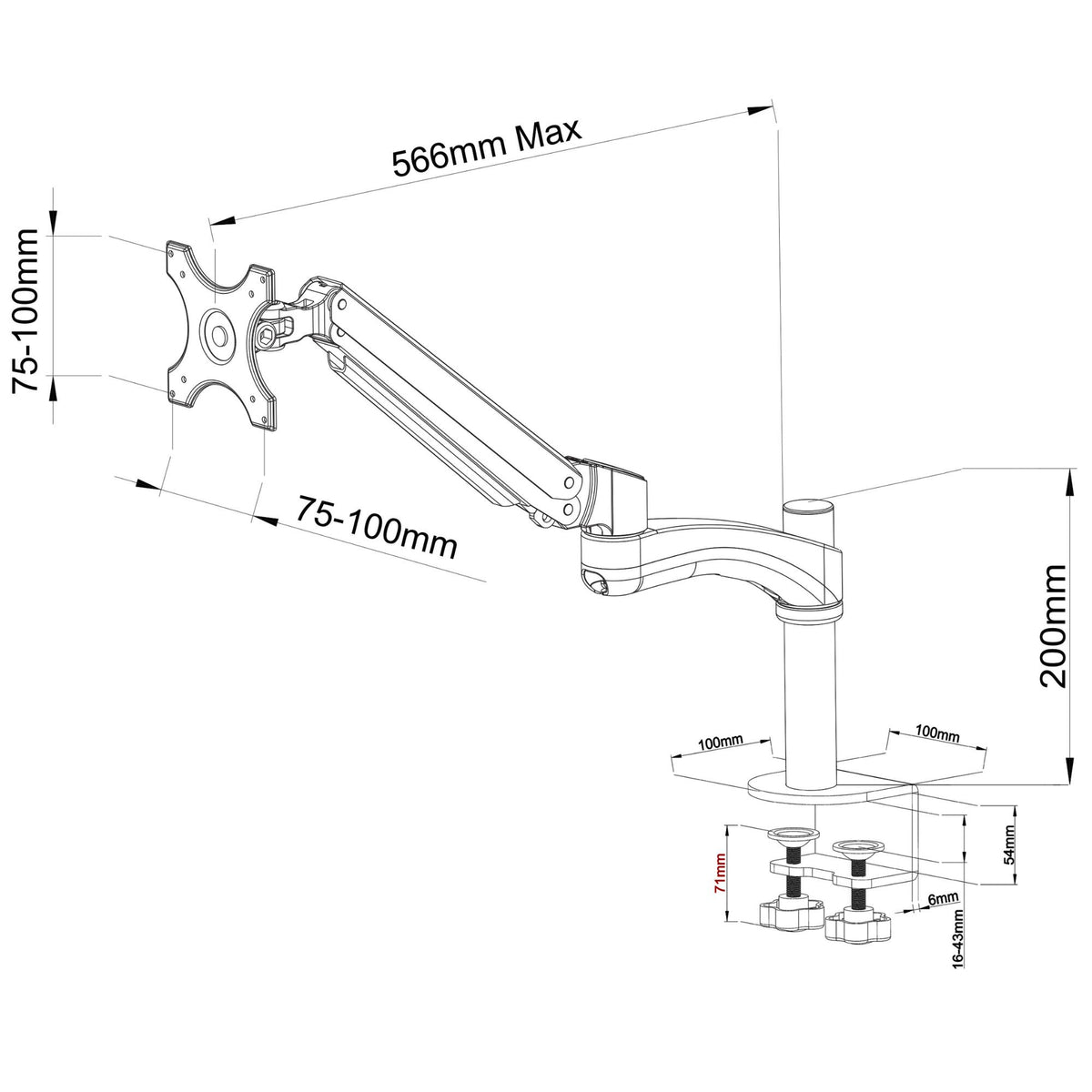 Velaro Single Monitor Stand - Dimensions Diagram