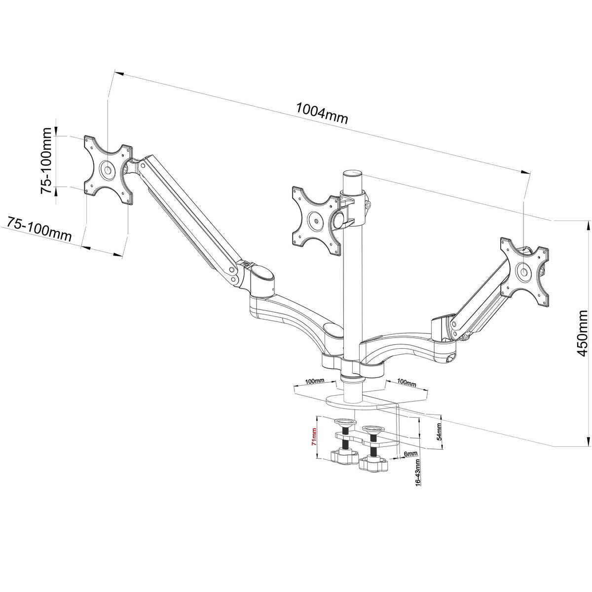 Velaro Triple Monitor Arm - Dimensions Diagram