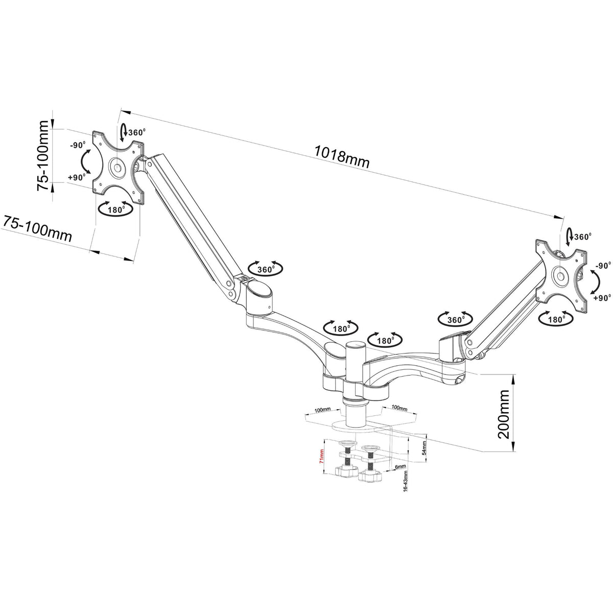 Velaro Twin Monitor Stand - Dimensions Diagram