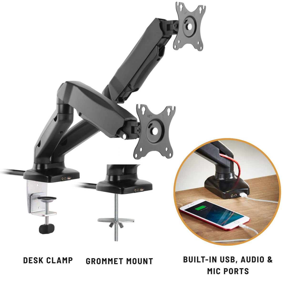 Vestra Dual Monitor Arm - Black - Desk Clamp - Grommet Mount - Built in USB and Audio Ports Shown