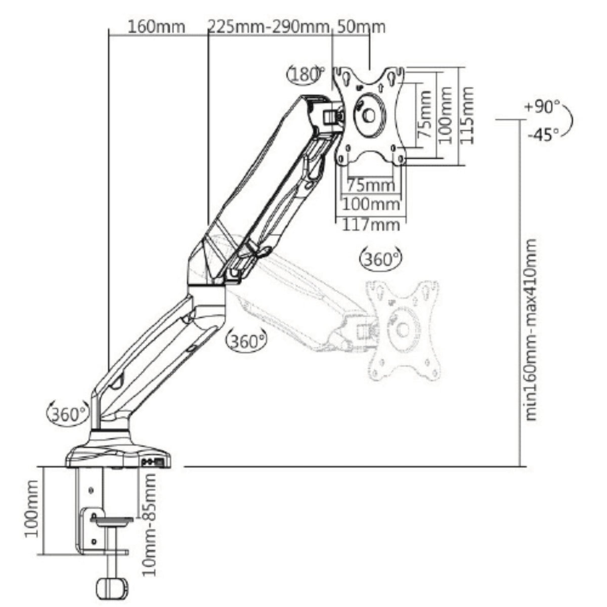 Vestra Single Monitor Arm - DImensions Diagram