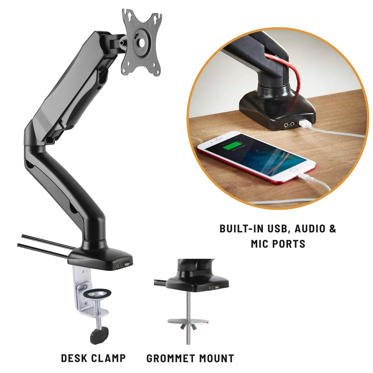 Vestra Single Monitor Stand - Black - Desk Clamp - Grommet Mount - Built in USB and Audio Ports Shown