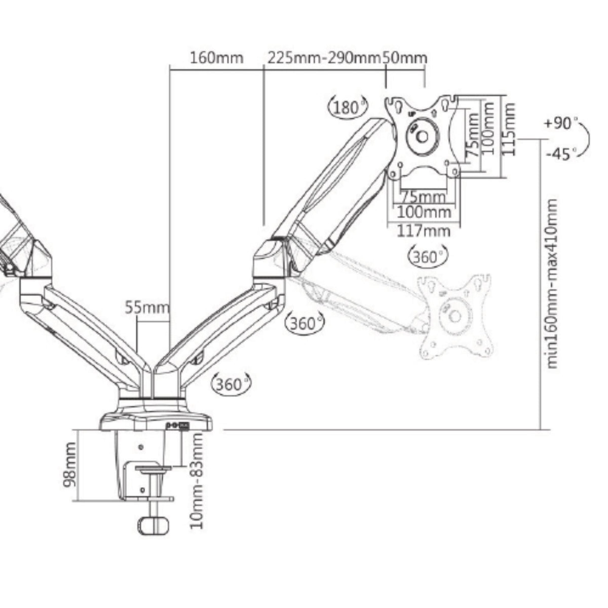 Vestra Twin Monitor Arm - Dimensions Diagram