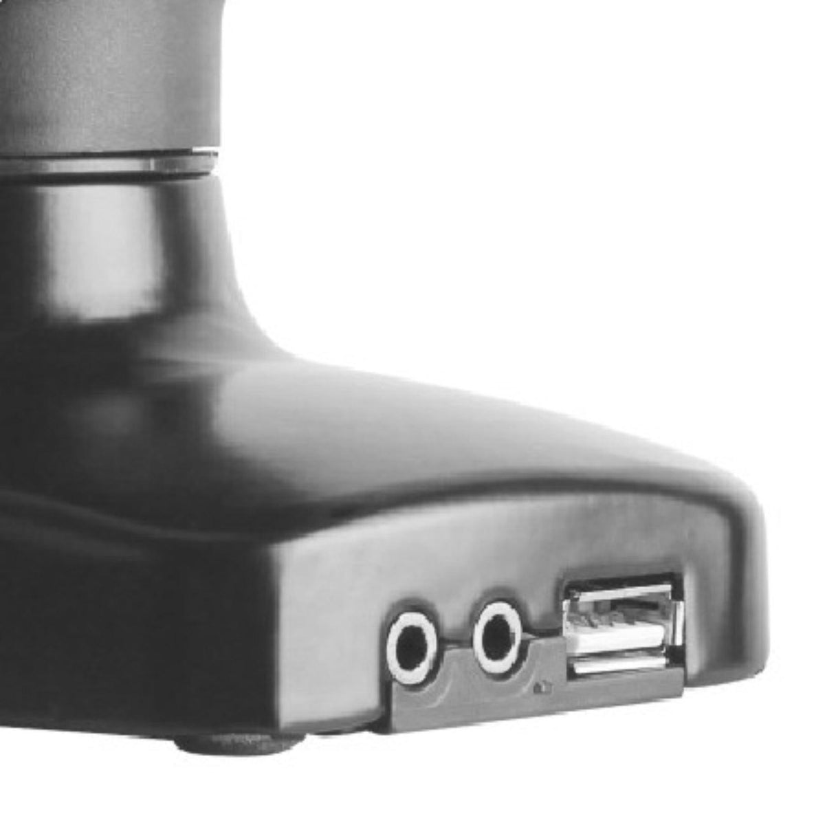 Vestra Twin Monitor Stand - Close up view of the Built-in USB, Audio & Mic Ports