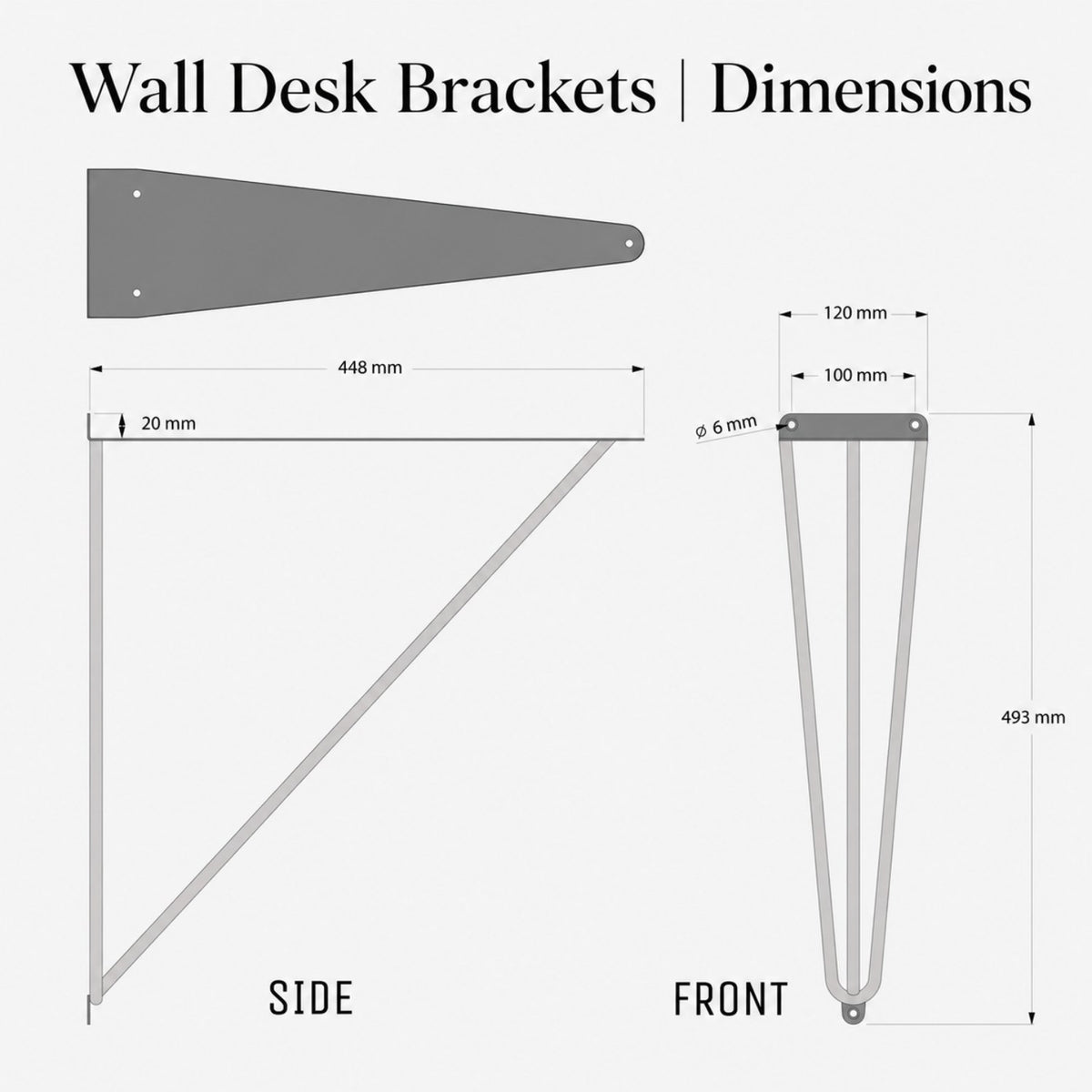 Wall desk top brackets with detailed side and front dimensions shown