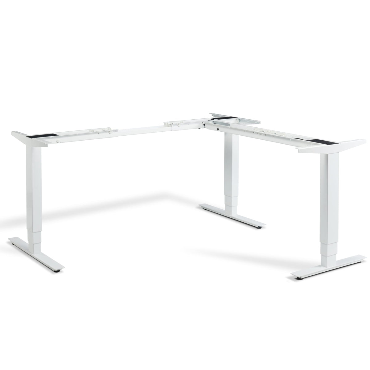 White Lavoro Advance standing corner desk frame viewed from the front