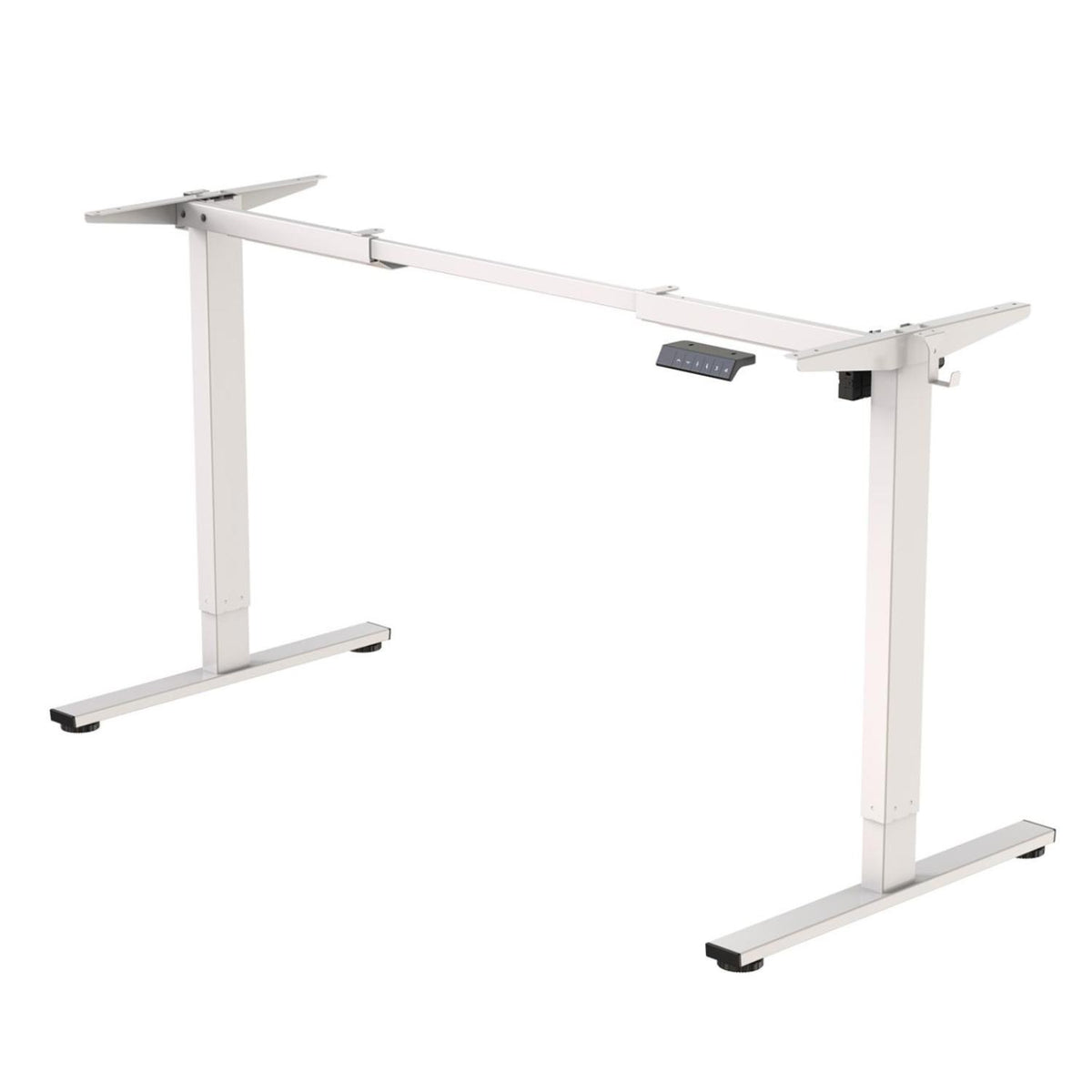 White motorized desk legs frame with adjustable width, memory handset, hooks, and level feet