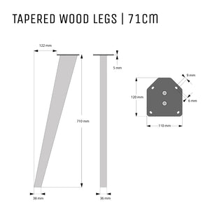 Wood Desk Legs - Tapered Legs 71cm - Dimensions