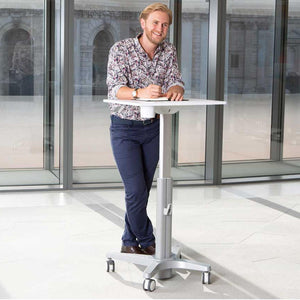 Yo-Yo Learn Adjustable Mobile Standing Desk - Man using the White Variant of Standing Desk