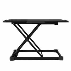 Yo Yo Lite desk converter shown from the side with raised platform and black scissor lift mechanism