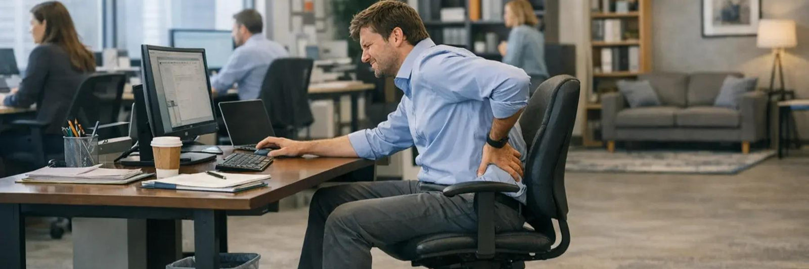 Man sitting at a desk in an office environment showing signs of back pain due to his poor sitting position