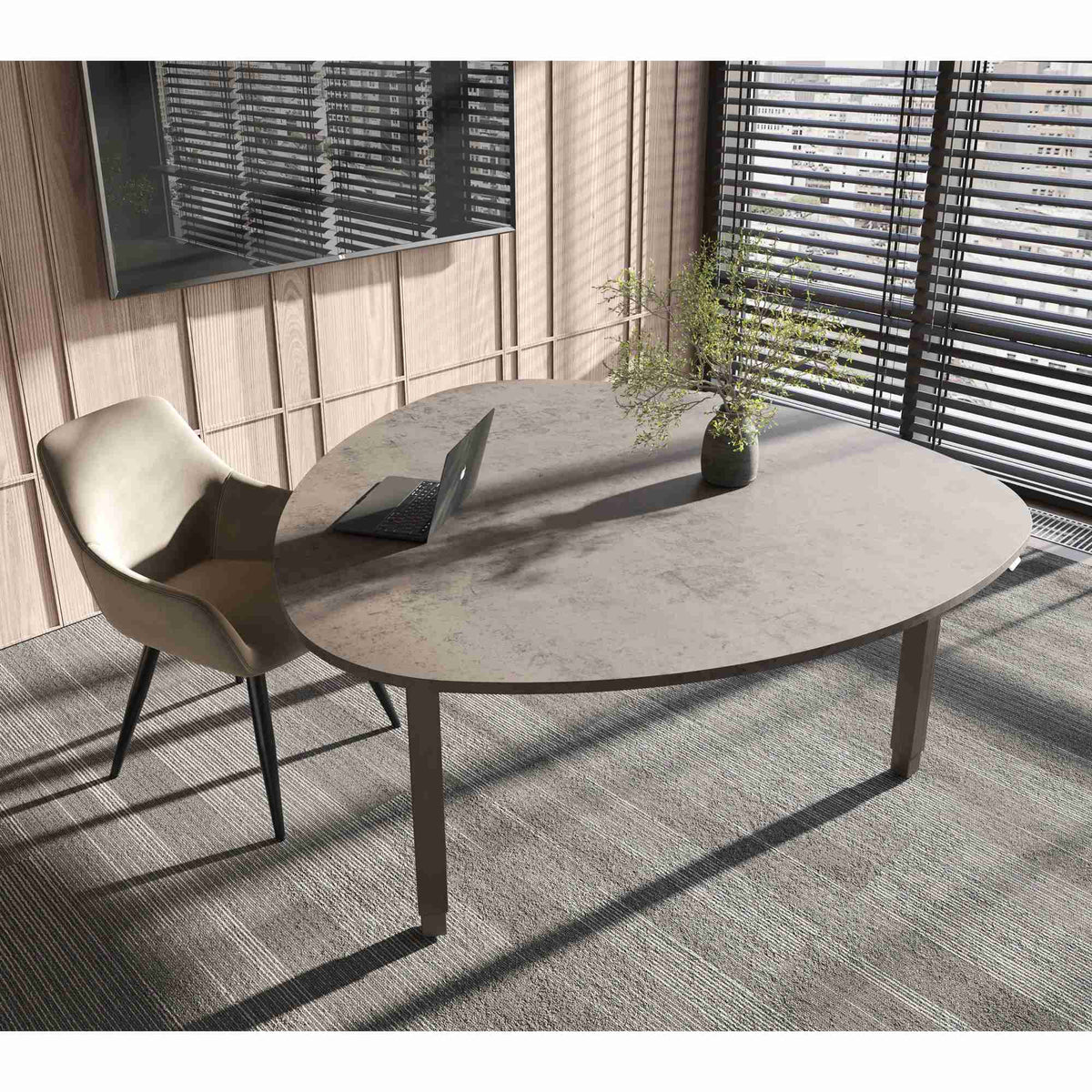 adjustable-height meeting table in office viewed from above