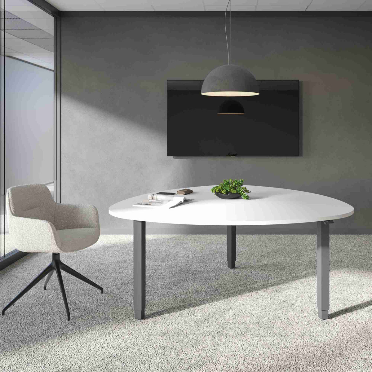 adjustable height meeting table in office white top silver frame front view