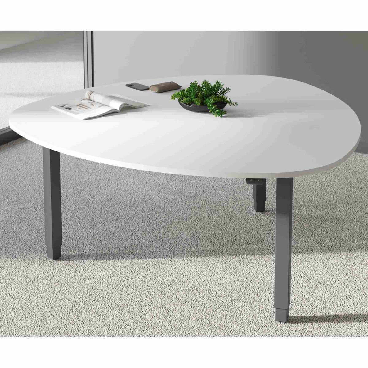 Large Huddle electric height adjustable meeting table with white top and silver frame viewed from above