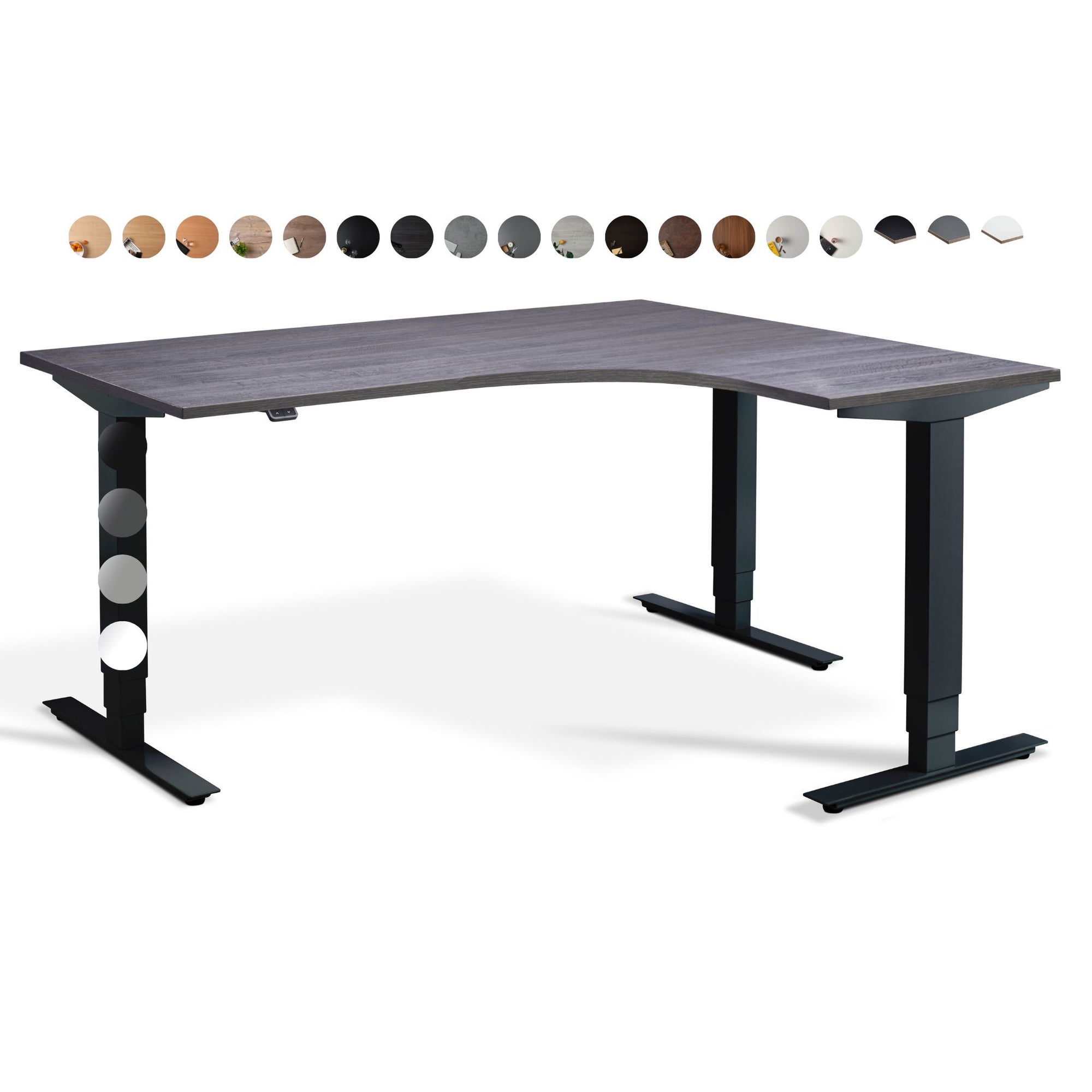Masta corner radial standing desk available in multiple top and frame finishes