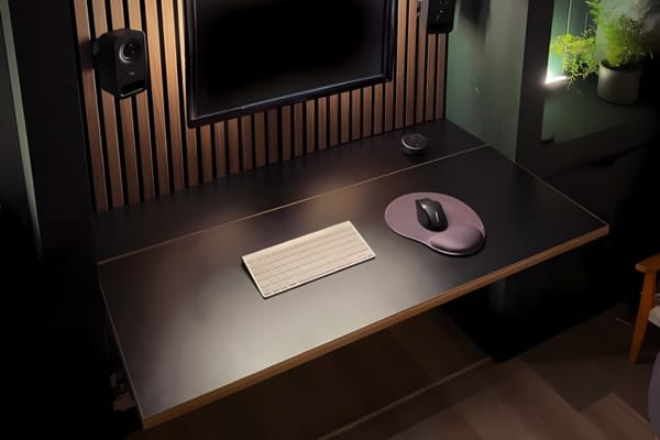 Custom desk top cut to size in use viewed from the front