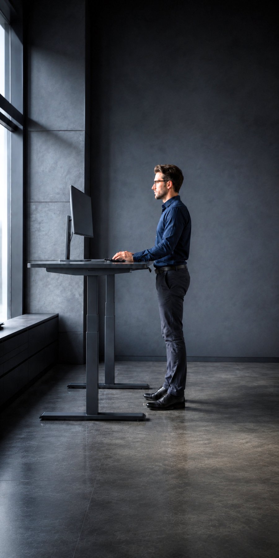 man standing at a sit-stand desk adjusted to the correct height