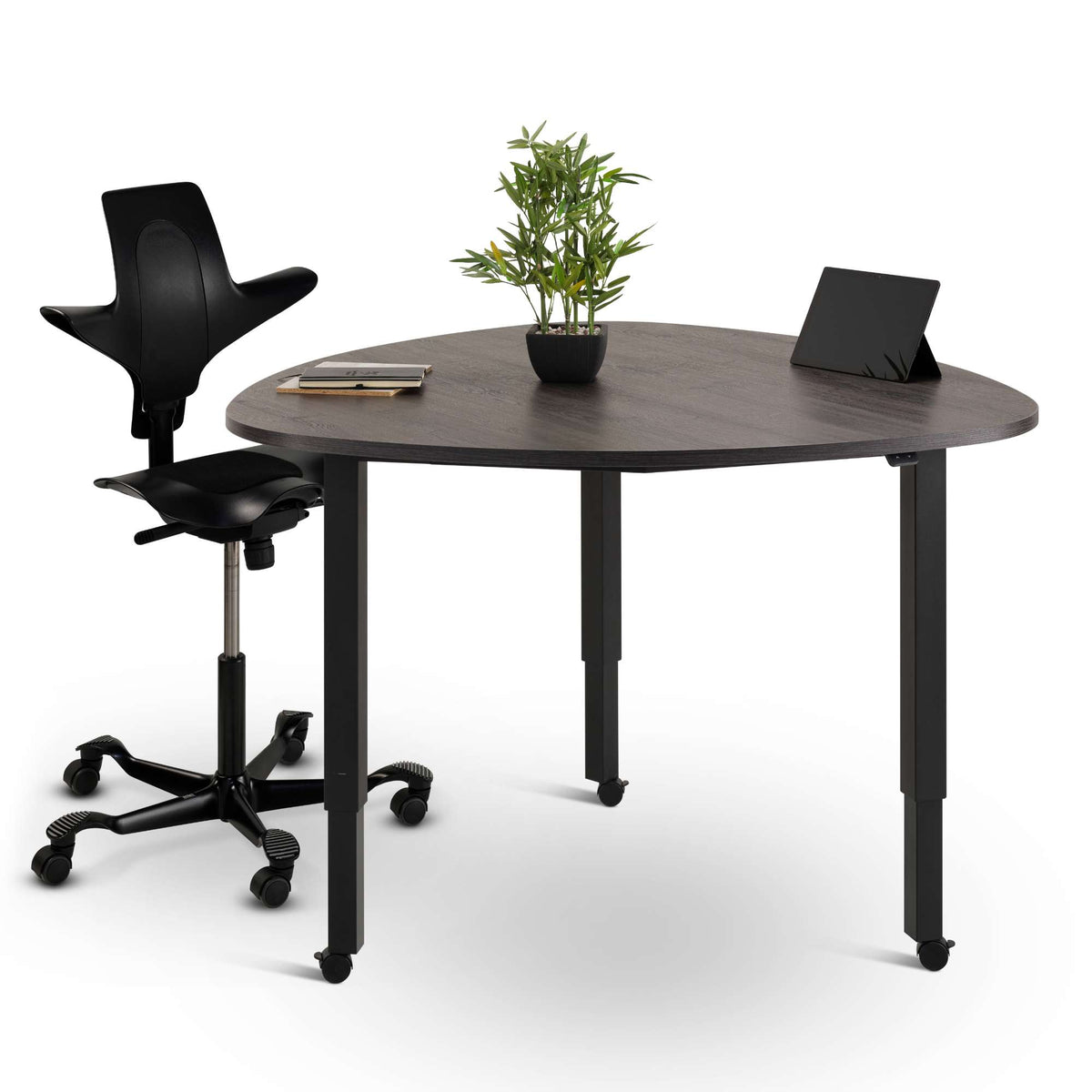 height adjustable meeting room table with chair and accessories black frame with wheels added front view