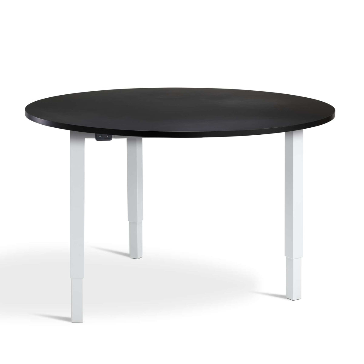 cirular height adjustable meeting table soft black top white frame medium size front view