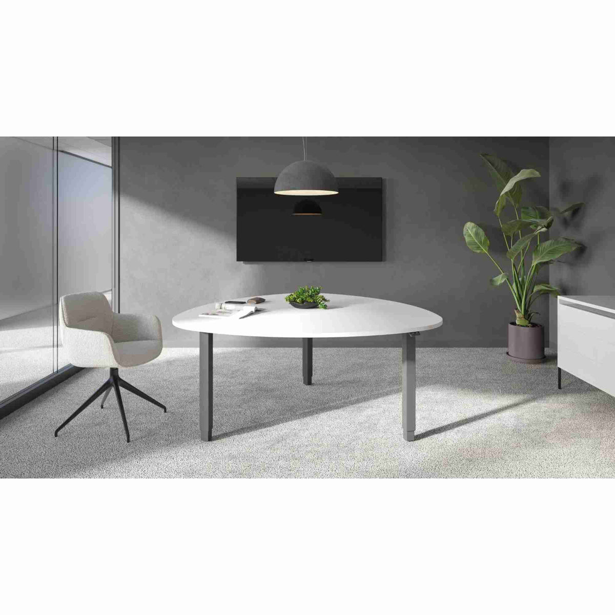 large height adjustable table in meeting room - white top, silver frame landcsape view