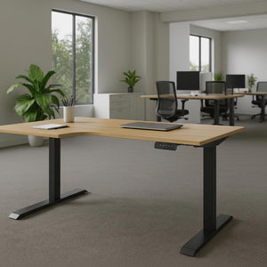 Modern office setup with a adjustable L-shaped desk in foreground