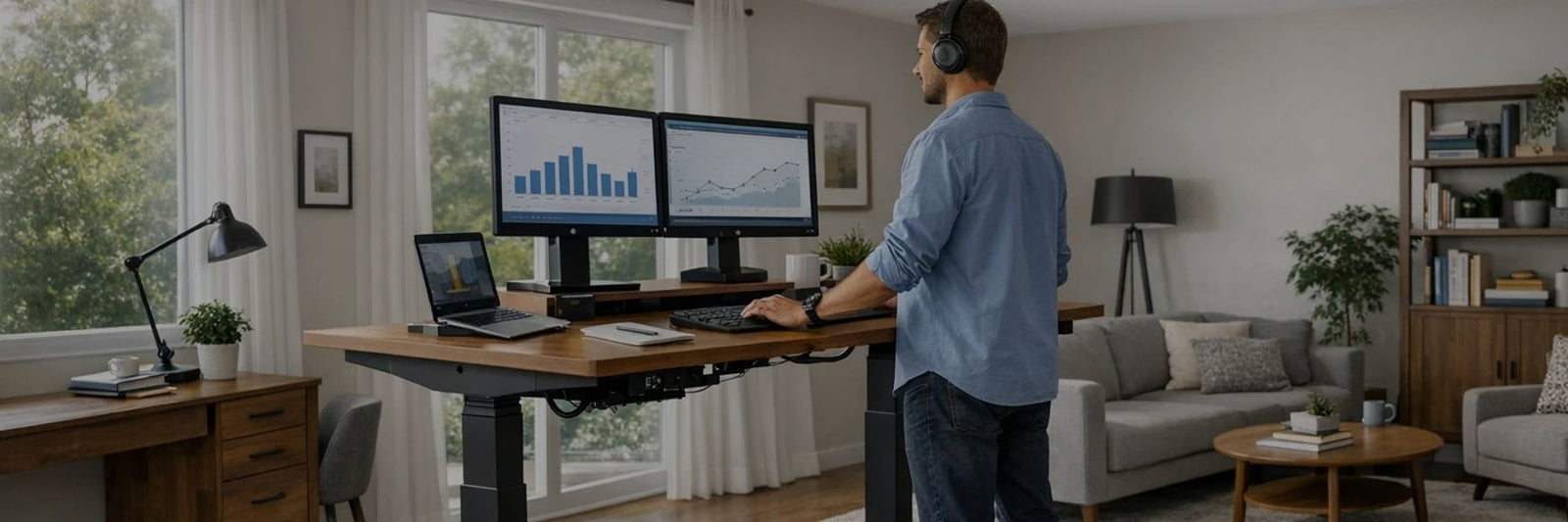 Man working at a standing desk in a home office with multiple computer monitors.