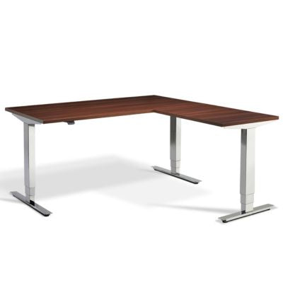 Kroma corner standing desk with walnut top and chrome plated frame