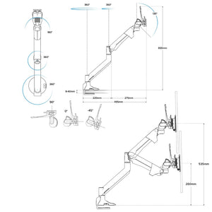 dimensions and adjustable heights and angles for the levo monitor arm