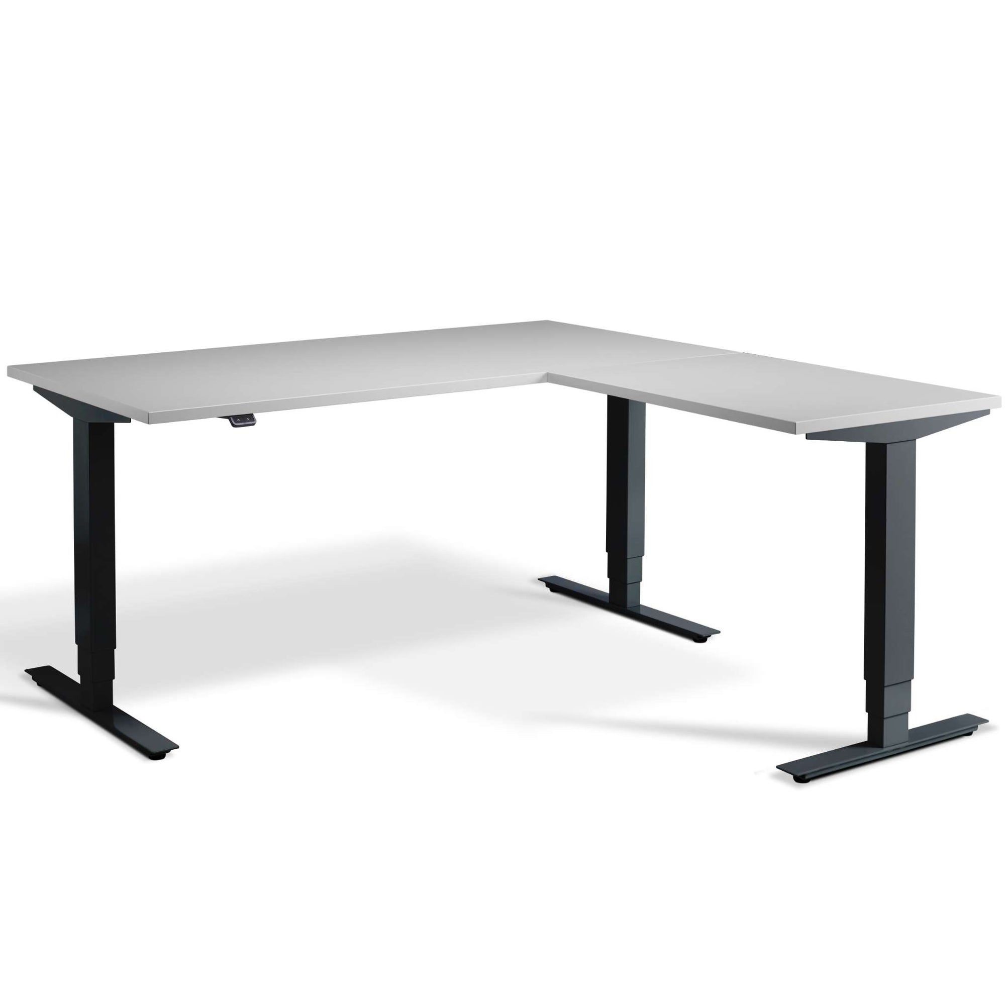 Masta grey corner standing desk with black frame - front view