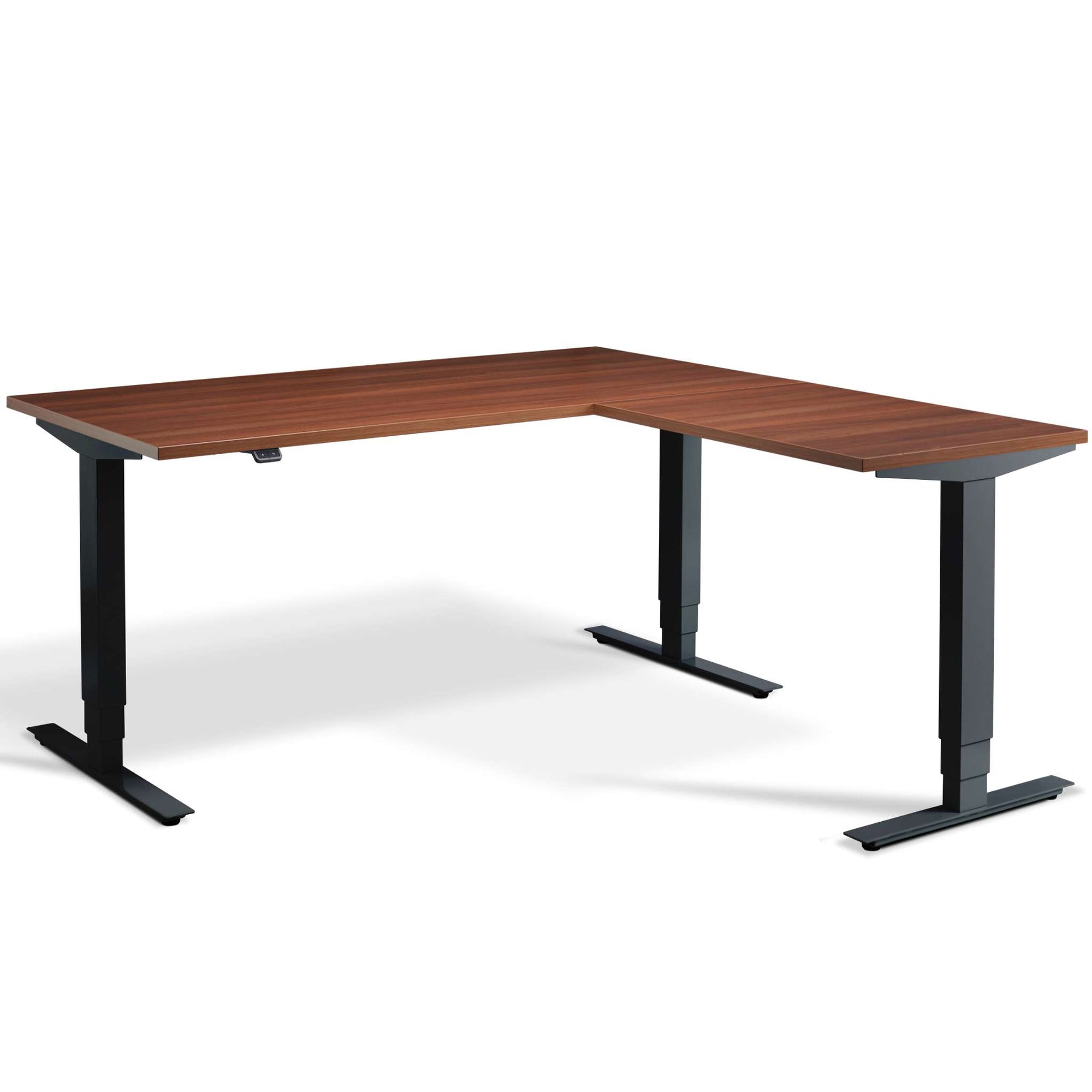 Height adjustable walnut L shaped desk with black frame - front view