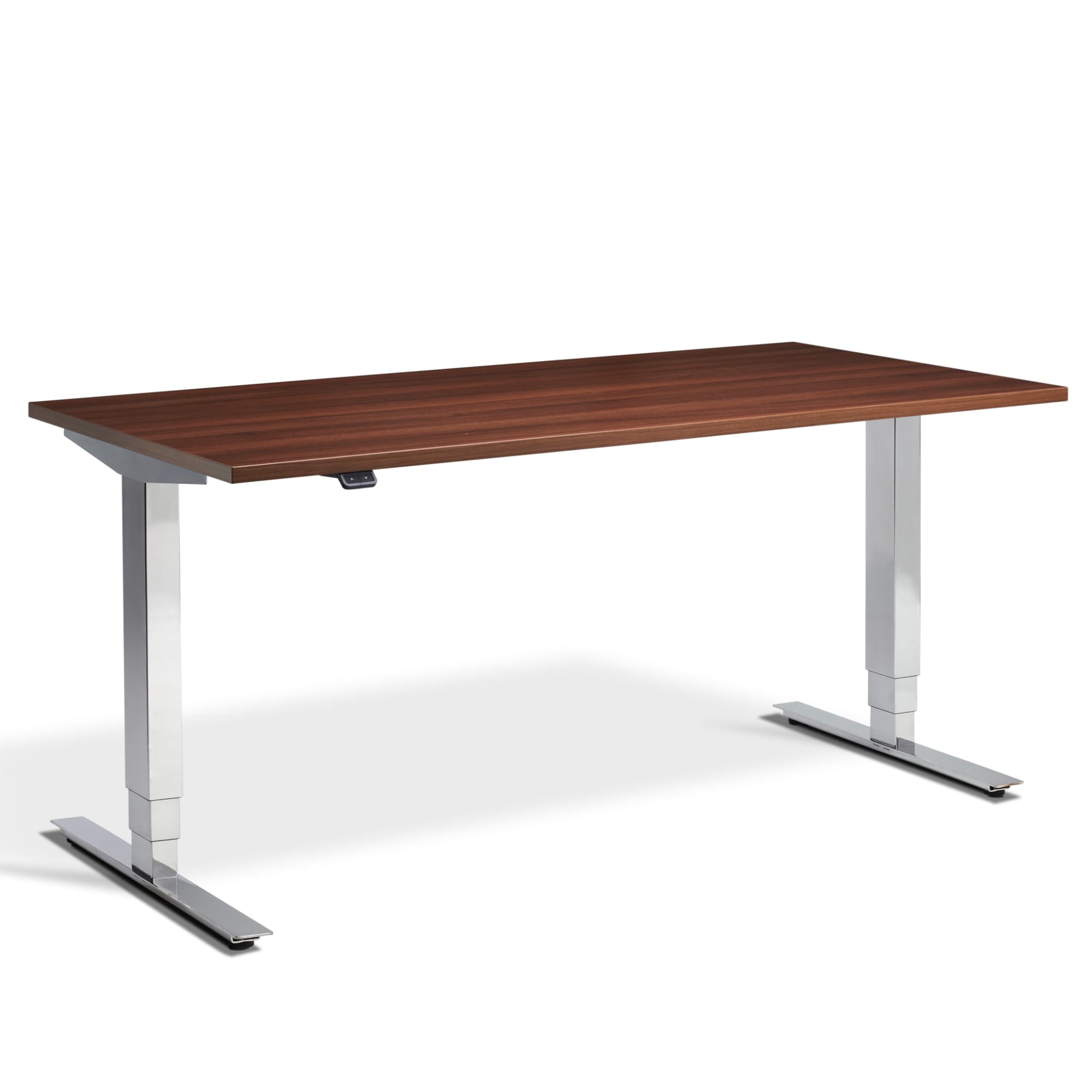 Chrome sit stand desk with walnut top front view