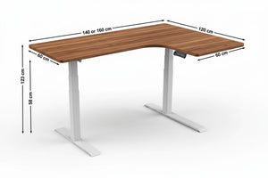 Dimensions diagram for the Rize small sit stand corner desk viewed from the front
