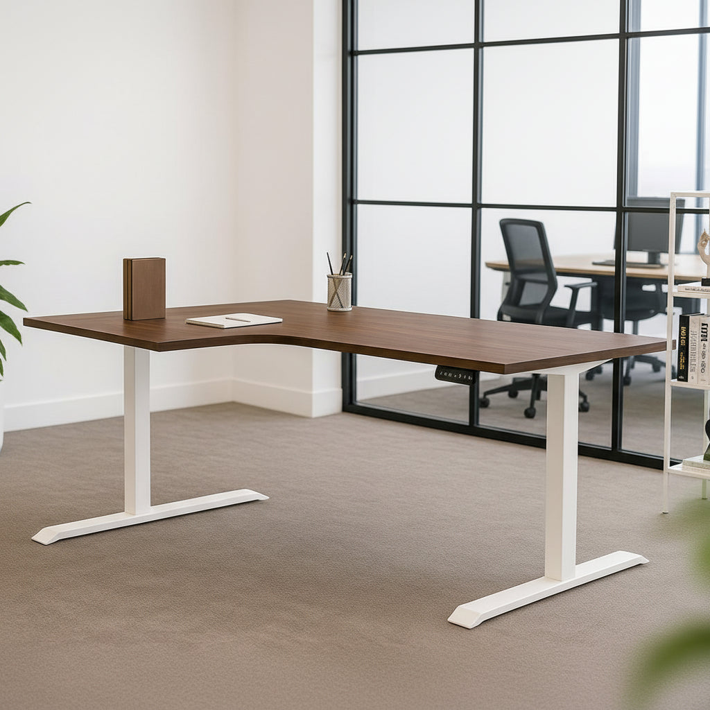 small corner standing desk in walnut with white frame and left hand return - front side view 