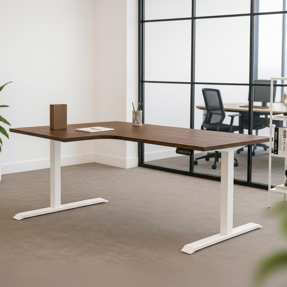 small corner standing desk in walnut with white frame and left hand return - front side view 