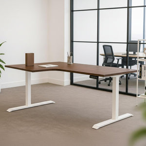 small corner standing desk in walnut with white frame and left hand return - front side view 