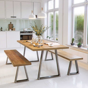 Kitchen table with trapezium legs and bench legs left front view