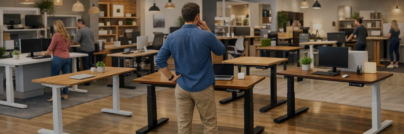 Person in an office full of adjustable standing desks deciding which to use - view of full room