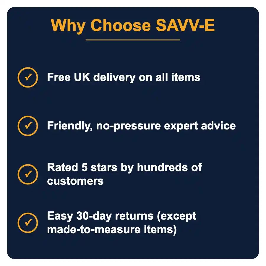 A dark blue promotional graphic with the heading 'Why Choose SAVV-E' in orange and four bullet points in white with orange check icons: free UK delivery, friendly expert advice, high customer ratings, and easy 30-day returns.