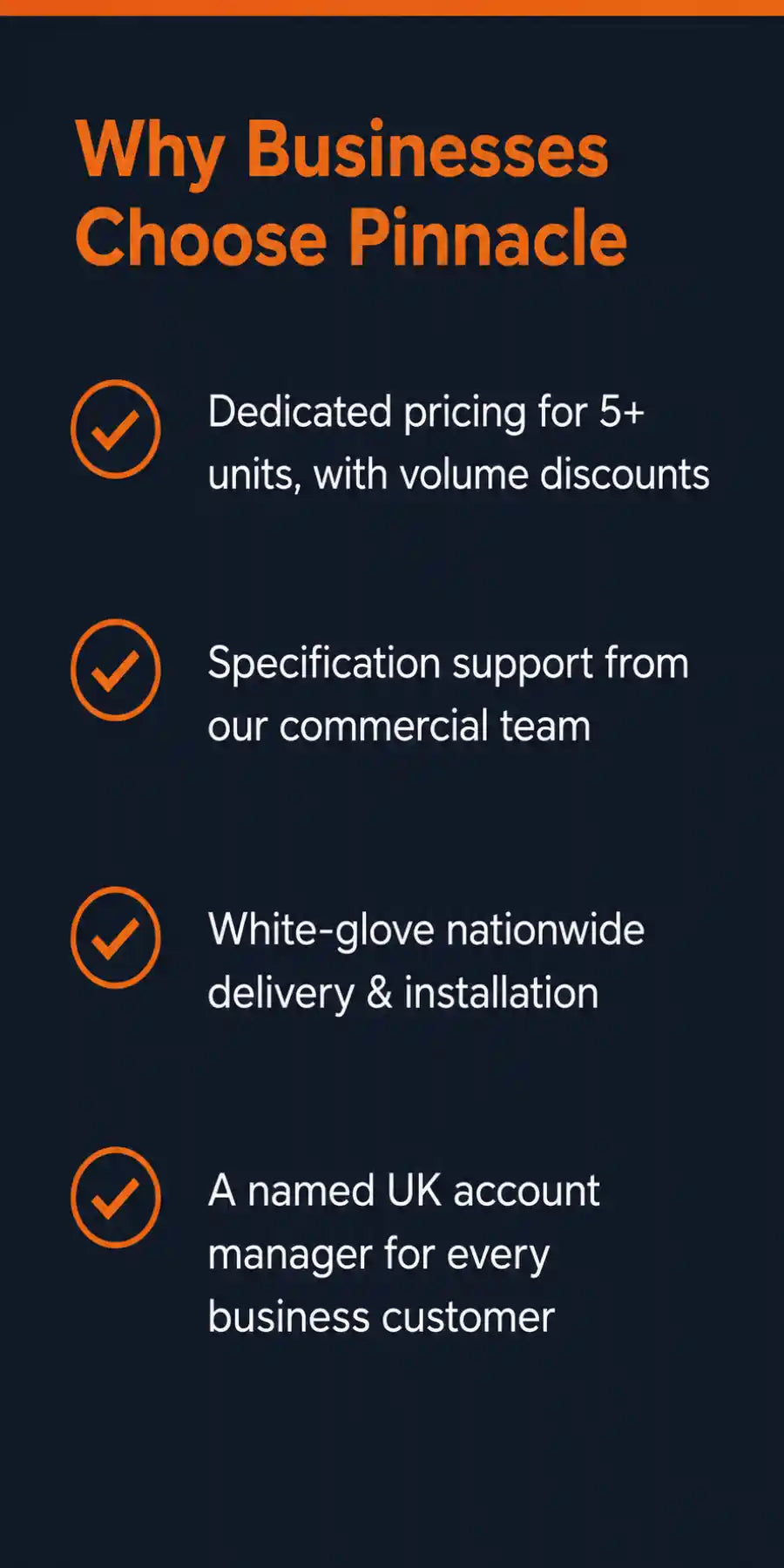 A promotional infographic with an orange header reading 'Why Businesses Choose Pinnacle' on a dark navy background, followed by four bullet points with orange circle checkmarks and white text about pricing, specification support, nationwide delivery, and account manager service.