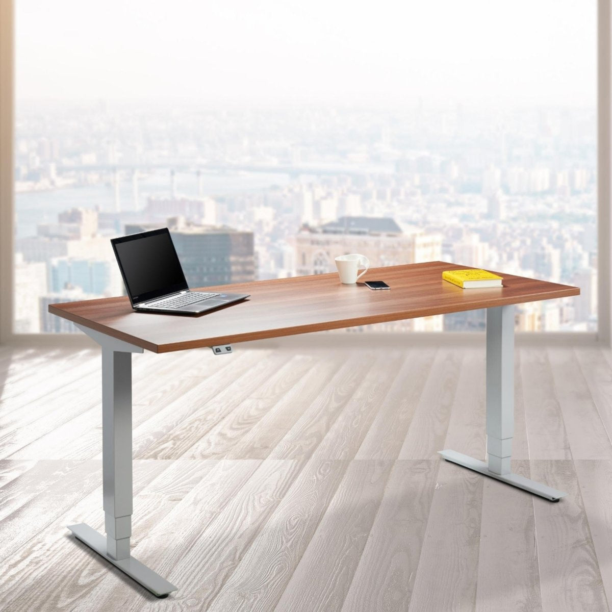 Adjustable Height Computer Desk - Masta Desk - Light Grey Frame - Natural Dijon Walnut Top - Front View