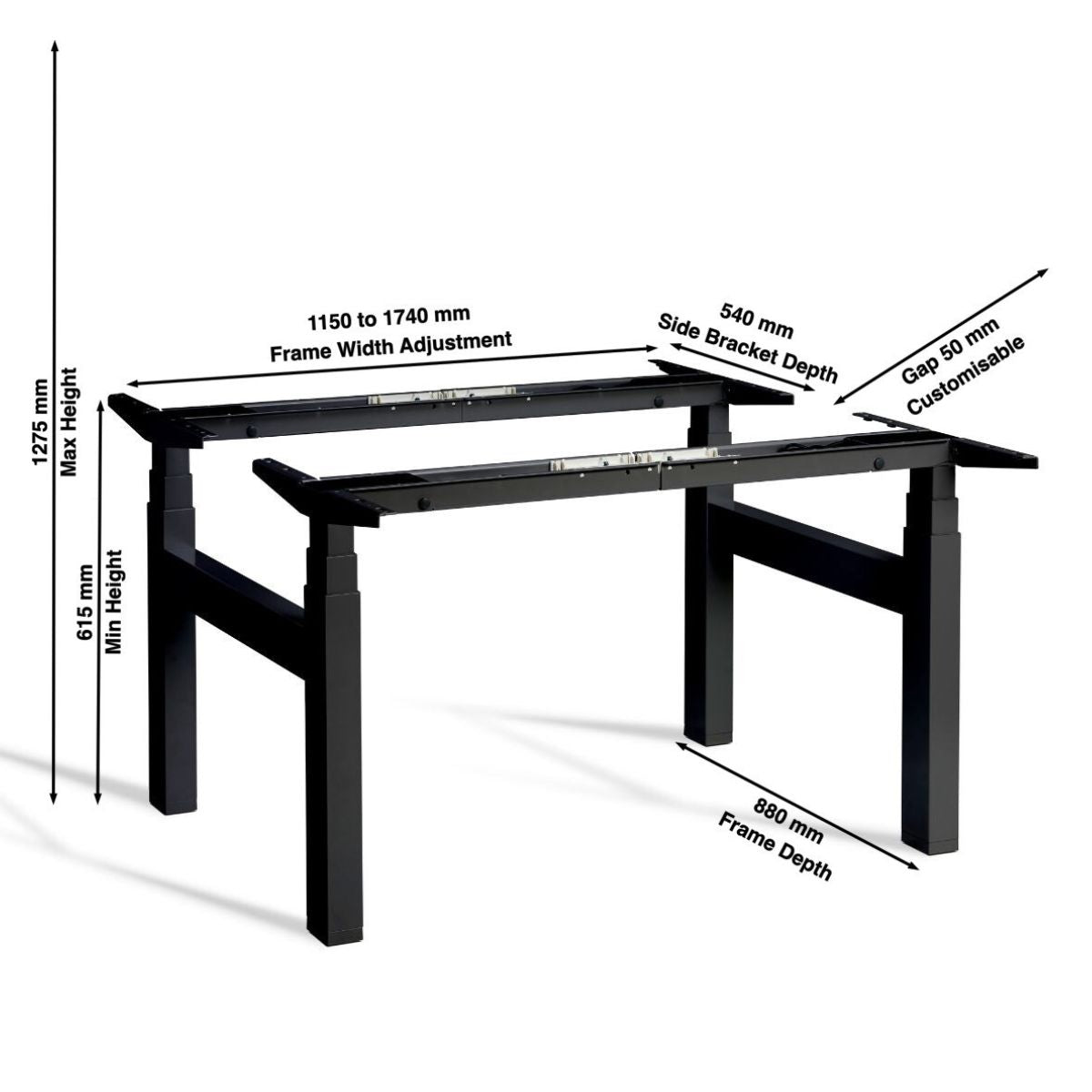 Double Standing Desk Base - Product Dimensions