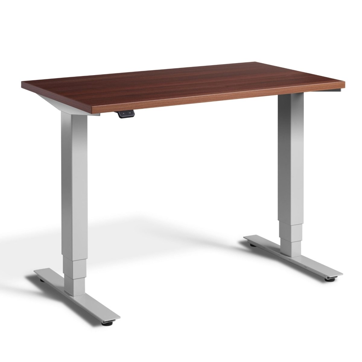 Pacto compact standing desk with natural dijon walnut top and silver frame